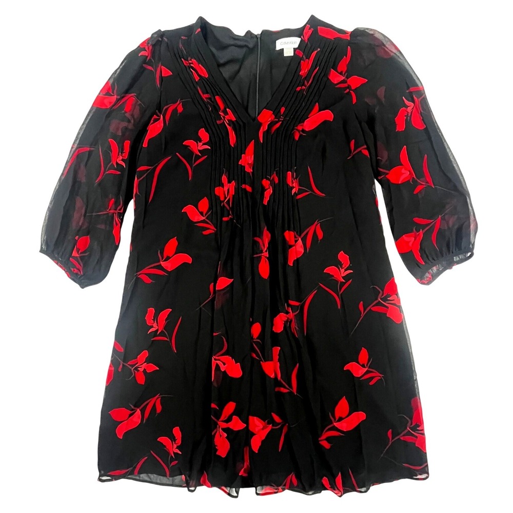 Calvin Klein Women Black Red Floral Pintuck V-Neck Shift Dress Size 12